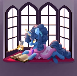 Size: 2540x2500 | Tagged: safe, artist:28gooddays, oc, oc only, oc:nighttime wishes, pony, unicorn, bathrobe, book, clothes, glowing, glowing horn, goblet, high res, horn, levitation, lineless, lying down, magic, prone, reading, robe, solo, telekinesis, window, windowsill