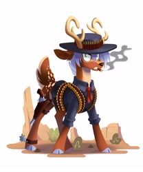 Size: 2340x2812 | Tagged: safe, artist:28gooddays, oc, oc only, deer, angry, bandolier, cigar, clothes, cowboy, gun, gunslinger, handgun, hat, high res, holster, lineless, revolver, simple background, smoking, solo, spurs, white background