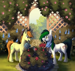 Size: 3421x3228 | Tagged: safe, artist:28gooddays, oc, oc only, earth pony, pony, basket, bush, cowboy hat, duo, flower, garden, hat, high res, mouth hold, rose, watering can