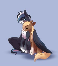 Size: 2637x3000 | Tagged: safe, artist:28gooddays, oc, oc only, earth pony, pegasus, pony, chest fluff, concave belly, countershading, duo, eyes closed, high res, hug, large wings, simple background, sitting, slender, thin, unshorn fetlocks, winghug, wings