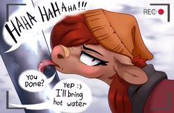 Size: 3067x2000 | Tagged: safe, artist:28gooddays, oc, earth pony, pony, band-aid, band-aid on nose, beanie, blushing, bust, camera shot, clothes, commission, dialogue, embarrassed, frown, hat, high res, laughing, licking, offscreen character, pole, portrait, speech bubble, tongue out, tongue stuck, tongue stuck to pole, ych result