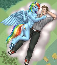 Size: 1135x1280 | Tagged: safe, artist:mykiio, rainbow dash, human, pegasus, anthro, g4, cloud, female, male