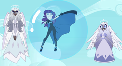 Size: 1328x720 | Tagged: safe, artist:carlosuriel13, rarity, oc, oc:sera, angel, human, unicorn, equestria girls, g4, my little pony equestria girls: better together, the other side, bubble, crossover, emily, female, hazbin hotel, heaven, in bubble, seraphine, sky, vivziepop