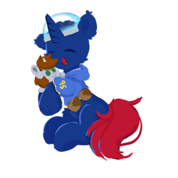 Size: 991x991 | Tagged: safe, artist:skylinepony_, oc, oc only, oc:bit shift, oc:littlepip, pony, unicorn, fallout equestria, bag, blue coat, brain, clothes, ear fluff, eyes closed, fetlock tuft, happy, hoodie, horn, hug, jumpsuit, open mouth, open smile, organs, plushie, red tail, saddle bag, simple background, smiling, solo, tail, transparent background, vault suit