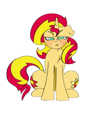 Size: 1333x1856 | Tagged: safe, artist:ponny, sunset shimmer, pony, unicorn, g4, angry, colored, ears back, female, grumpy, horn, mare, pouting, pouty lips, simple background, sitting, solo, solo female, squint, tail, transparent background