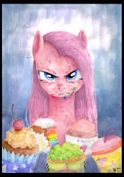 Size: 2151x3078 | Tagged: safe, artist:ruffu, pinkie pie, earth pony, g4, angry, cake, cupcake, female, food, pinkamena diane pie, solo