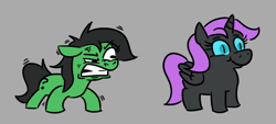 Size: 606x274 | Tagged: safe, artist:jargon scott, oc, oc only, oc:filly anon, oc:nyx, alicorn, earth pony, pony, angry, cross-popping veins, duo, duo female, ears back, emanata, female, filly, foal, frown, gray background, gritted teeth, nyxruary, simple background, slit pupils, smiling, teeth