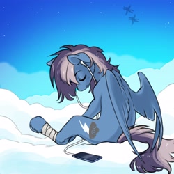 Size: 4096x4096 | Tagged: safe, artist:opalacorn, oc, oc only, pegasus, pony, bandage, bandaged leg, cellphone, cloud, earbuds, eyes closed, male, on a cloud, phone, sitting, sitting on a cloud, smartphone, smiling, solo focus, stallion