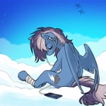 Size: 4096x4096 | Tagged: safe, artist:opalacorn, oc, oc only, oc:silver lightning, pegasus, pony, bandage, bandaged leg, cellphone, cloud, earbuds, eyes closed, male, on a cloud, outdoors, partially open wings, phone, sitting, sitting on a cloud, smartphone, smiling, solo focus, spine, stallion, wings