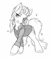 Size: 2220x2473 | Tagged: safe, artist:opalacorn, oc, oc only, earth pony, pony, black and white, chest fluff, female, floating heart, grayscale, head tilt, heart, lidded eyes, mare, monochrome, smiling, solo