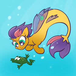 Size: 2048x2048 | Tagged: safe, artist:pfeffaroo, oc, oc only, oc:kettle chip, frog, seapony (g4), bubble, fish tail, high res, horn, seaponified, solo, species swap, swimming, tail, underwater, water