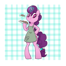 Size: 2412x2412 | Tagged: safe, artist:pfeffaroo, sugar belle, pony, unicorn, semi-anthro, g4, abstract background, apron, arm hooves, bipedal, clothes, cookie, female, food, glowing, glowing horn, high res, horn, levitation, magic, magic aura, mare, solo, telekinesis