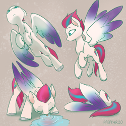 Size: 2048x2048 | Tagged: safe, artist:pfeffaroo, zipp storm, pegasus, pony, g5, behaving like a bird, colored hooves, colored wings, drink, drinking, eyes closed, female, flying, gray background, high res, hooves, mare, multicolored wings, puddle, simple background, slender, solo, spread wings, thin, tongue out, water, wings