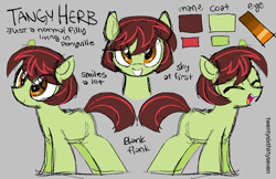 Size: 1080x698 | Tagged: safe, oc, oc only, oc:tangy herb, earth pony, pony, blank flank, earth pony oc, female, filly, foal, gray background, reference sheet, simple background, text