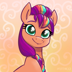 Size: 2048x2048 | Tagged: safe, artist:pfeffaroo, sunny starscout, earth pony, pony, g5, abstract background, braid, bust, female, high res, looking at you, mane stripe sunny, mare, portrait, smiling, smiling at you, solo, three quarter view