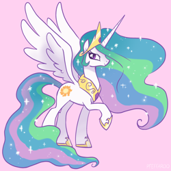 Size: 2550x2550 | Tagged: safe, artist:pfeffaroo, princess celestia, alicorn, pony, g4, crown, ethereal mane, ethereal tail, female, high res, hoof shoes, horn, jewelry, mare, peytral, pink background, princess shoes, profile, raised hoof, regalia, simple background, smiling, solo, spread wings, tail, wings