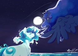 Size: 2048x1463 | Tagged: safe, artist:mikkybun, princess luna, oc, alicorn, original species, pony, unicorn, water pony, g4, duo, female, flying, full moon, horn, looking at each other, looking at someone, mare, moon, signature, smiling, smiling at each other, water