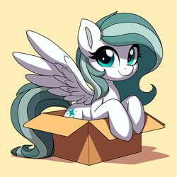 Size: 1144x1144 | Tagged: safe, artist:495pygly, oc, oc only, oc:frostwing blade, pegasus, pony, big eyelashes, big eyes, box, caption, cardboard box, cute, detailed wings, digital art, fanart, fluffy mane, folded wings, front view, gradient mane, happy, image macro, long mane, photo, smiling, solo, spread wings, text, two toned mane, wavy mane, wings