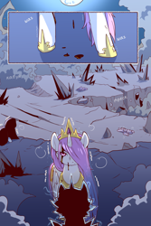 Size: 960x1440 | Tagged: safe, artist:cold-blooded-twilight translation, edit, nightmare moon, princess celestia, alicorn, pony, comic:cold storm (ru), g4, blood, comic, crown, cyrillic, dripping blood, female, hair over one eye, hoof shoes, injured, jewelry, mare, nosebleed, peytral, pink-mane celestia, princess shoes, regalia, russian, smiling, translation, translator:agent00k0t, victorious villain