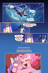 Size: 960x1440 | Tagged: safe, artist:cold-blooded-twilight translation, edit, nightmare moon, pinkie pie, princess celestia, princess luna, shining armor, twilight sparkle, alicorn, earth pony, pony, unicorn, cold blooded twilight, comic:cold storm (ru), g4, blood, comic, crying, cyrillic, dialogue, eyes closed, gradient background, heart tongue, horn, hug, open mouth, open smile, pink-mane celestia, russian, smiling, speech bubble, translation, translator:agent00k0t, unicorn twilight