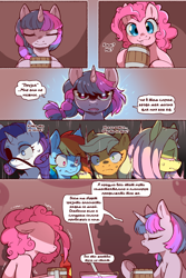 Size: 960x1440 | Tagged: safe, artist:cold-blooded-twilight translation, edit, applejack, fluttershy, pinkie pie, rainbow dash, rarity, twilight sparkle, earth pony, pony, unicorn, cold blooded twilight, comic:cold storm (ru), g4, alternate design, aura, blushing, comic, cute, cute little fangs, cyrillic, dialogue, eyepatch, eyes closed, fangs, female, flower, flower in hair, glowing, glowing eyes, horn, hot sauce, implied cup cake, looking at you, mare, open mouth, russian, shadow, speech bubble, sweat, sweatdrop, tankard, translation, translator:agent00k0t, unicorn twilight