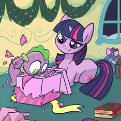 Size: 2048x2048 | Tagged: safe, artist:pfeffaroo, spike, twilight sparkle, dragon, pony, unicorn, g4, baby, baby dragon, baby spike, book, christmas, christmas lights, christmas presents, cute, duo, duo male and female, excited, female, filly, filly twilight sparkle, foal, garland, high res, holiday, horn, lying down, male, ponyloaf, prone, smiling, snow, snowfall, spikabetes, twiabetes, unicorn twilight, wingless spike, wrapping paper, younger