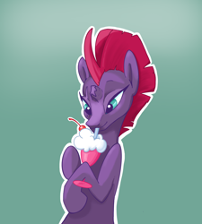 Size: 2000x2224 | Tagged: safe, artist:pfeffaroo, fizzlepop berrytwist, tempest shadow, pony, unicorn, g4, broken horn, bust, cherry, cute, drink, drinking, eye scar, facial scar, female, food, gradient background, high res, horn, mare, milkshake, outline, scar, solo, straw, tempestbetes, white outline