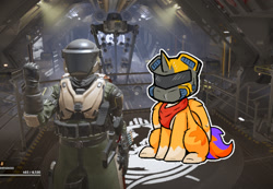 Size: 594x410 | Tagged: safe, artist:zutcha, oc, oc only, oc:zutcha, alicorn, human, pony, game screencap, helldivers 2, helmet, male, stallion