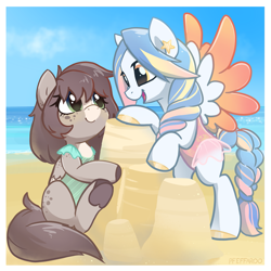 Size: 2141x2141 | Tagged: safe, artist:pfeffaroo, oc, oc only, oc:seashore swirl, pegasus, pony, beach, bipedal, clothes, colored wings, duo, high res, multicolored wings, ocean, open mouth, open smile, outdoors, sandcastle, sky, smiling, spread wings, swimsuit, water, wings