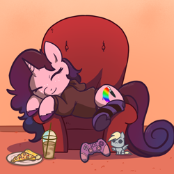 Size: 2048x2048 | Tagged: safe, artist:pfeffaroo, derpy hooves, oc, oc only, pony, unicorn, g4, carpet, chair, clothes, comfy, commission, controller, drink, eyes closed, food, freckles, high res, hoodie, horn, pizza, sleeping, smiling, socks, solo, striped socks, ych result