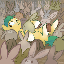 Size: 2048x2048 | Tagged: safe, artist:pfeffaroo, hitch trailblazer, earth pony, pony, rabbit, g5, animal, critter magnet, cute, high res, hitchbetes, lying down, male, on back, smiling, stallion, underhoof, unshorn fetlocks