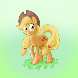 Size: 2048x2048 | Tagged: safe, artist:pfeffaroo, part of a set, applejack, earth pony, pony, g4, applejack's hat, cowboy hat, female, freckles, gradient background, grass, hat, high res, mare, smiling, solo