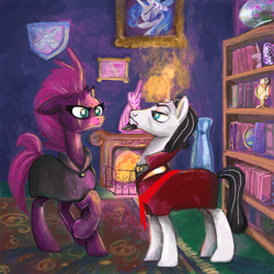 Size: 2048x2048 | Tagged: safe, artist:pfeffaroo, chancellor neighsay, princess platinum, tempest shadow, pony, unicorn, g4, book, bookshelf, broken horn, bust, cloak, clothes, duo, duo male and female, eye scar, facial scar, female, fireplace, frame, frown, globe, glowing, glowing horn, high res, horn, indoors, looking at each other, looking at someone, magic, magic aura, male, mare, portrait, raised hoof, rug, scar, shipping, stallion, standing, statue, straight, tempest neighsay, vase