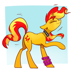 Size: 2048x2048 | Tagged: safe, artist:pfeffaroo, sunset shimmer, pony, unicorn, g4, bracelet, choker, dancing, eyes closed, female, floppy ears, high res, horn, jewelry, mare, profile, punk, punkset shimmer, raised hoof, solo, spiked choker