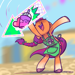 Size: 2048x2048 | Tagged: safe, artist:pfeffaroo, sunny starscout, earth pony, pony, g5, advertising, apron, arrow, bipedal, braid, braided ponytail, clothes, cute, drink, eyes closed, female, happy, high res, mare, nose in the air, open mouth, open smile, ponytail, sign, smiling, smoothie, solo, sunnybetes, unshorn fetlocks, waving