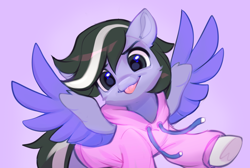 Size: 5236x3525 | Tagged: safe, artist:vensual99, oc, oc only, oc:violett spectrum, pegasus, pony, clothes, high res, hoodie, male, solo, spread wings, stallion, tongue out, wings