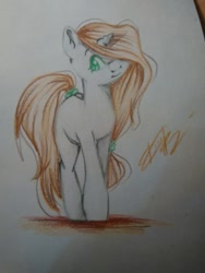 Size: 453x604 | Tagged: safe, artist:dorry, oc, oc only, pony, unicorn, colored pencil drawing, female, female oc, full body, green eyes, horn, looking at you, mare, mare oc, old art, signature, simple background, solo, traditional art, unicorn oc, walking