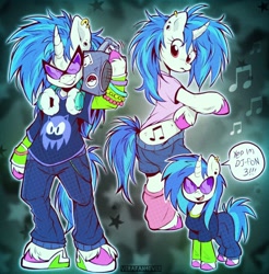 Size: 1970x2000 | Tagged: safe, artist:verafan4ever, dj pon-3, vinyl scratch, pony, unicorn, semi-anthro, g4, background, boombox, bracelet, butt, clothes, cutie mark, dialogue, ear piercing, emo, female, flank, glasses, grin, horn, jewelry, leg warmers, looking at you, mare, music notes, pants, pants down, piercing, plot, poké ball, pokémon, punk, scene, shirt, smiling, smiling at you, sonic the hedgehog, sonic the hedgehog (series), stars, sunglasses, unshorn fetlocks, vinyl's glasses, wristband