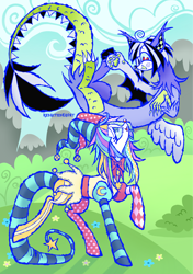 Size: 1444x2048 | Tagged: safe, artist:redactedhaunt, oc, oc only, draconequus, earth pony, pony, duo, flying, jester, jester outfit, looking at each other, looking at someone, outdoors, swirly eyes, zine:my little fanzine