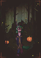 Size: 1748x2480 | Tagged: safe, artist:dead_._weight, oc, oc only, ghost, pony, undead, unicorn, clothes, forest, halloween, holiday, horn, jack-o-lantern, nature, outdoors, pumpkin, solo, tree, zine:my little fanzine