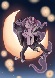 Size: 1748x2480 | Tagged: safe, artist:ponygiri, princess luna, starlight glimmer, alicorn, pony, unicorn, g4, crescent moon, eyes closed, female, hoof shoes, horn, jewelry, kiss on the lips, kissing, lesbian, mare, moon, on the moon, peytral, regalia, ship:starluna, shipping, stars, tangible heavenly object, zine:my little fanzine