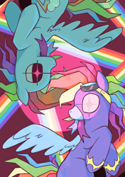 Size: 1748x2480 | Tagged: safe, artist:k0.0ij, rainbow dash, pegasus, pony, g4, abstract background, clothes, female, goggles, goggles on head, mare, rainbow, self paradox, self ponidox, spread wings, starry eyes, uniform, wingding eyes, wings, wonderbolts uniform, zine:my little fanzine