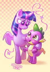 Size: 2098x2976 | Tagged: safe, artist:irradiatedbull, spike, twilight sparkle, alicorn, dragon, pony, g4, abstract background, cute, duo, female, hoof on shoulder, male, mare, smiling, twilight sparkle (alicorn), zine:my little fanzine