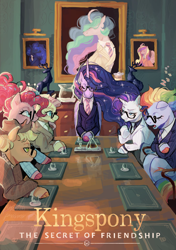 Size: 1748x2480 | Tagged: safe, artist:brokenprisms, applejack, fluttershy, pinkie pie, princess cadance, princess celestia, princess luna, rainbow dash, rarity, twilight sparkle, alicorn, earth pony, pegasus, pony, unicorn, g4, clothes, curved horn, female, glasses, hat, horn, kingsman: the secret service, mane six, mare, meeting, necktie, older, older applejack, older fluttershy, older mane six, older pinkie pie, older rainbow dash, older rarity, older twilight, older twilight sparkle (alicorn), painting, parody, suit, table, twilight sparkle (alicorn), zine:my little fanzine