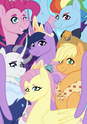 Size: 705x1000 | Tagged: safe, artist:kaneinthebrain, applejack, fluttershy, pinkie pie, rainbow dash, rarity, twilight sparkle, alicorn, earth pony, pegasus, pony, unicorn, g4, clothes, curved horn, female, horn, jacket, jewelry, mane six, mare, older, older applejack, older fluttershy, older mane six, older pinkie pie, older rainbow dash, older rarity, older twilight, older twilight sparkle (alicorn), peytral, regalia, twilight sparkle (alicorn), zine:my little fanzine