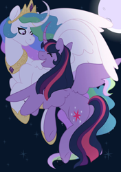 Size: 1748x2480 | Tagged: safe, artist:kaneinthebrain, princess celestia, twilight sparkle, alicorn, pony, g4, duo, female, flying, full moon, hoof shoes, jewelry, looking at each other, looking at someone, mare, moon, peytral, regalia, smiling, spread wings, twilight sparkle (alicorn), wings, zine:my little fanzine