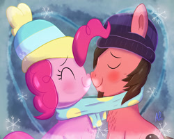 Size: 2500x2000 | Tagged: safe, artist:ace play, pinkie pie, oc, oc:ace play, earth pony, pony, g4, beanie, blushing, breath, canon x oc, cheek fluff, chest fluff, clothes, duo, facial hair, female, goatee, hat, heart, male, mare, nose blush, scarf, shared clothing, shared scarf, ship:pinkieace, shipping, snow, snowflake, stallion, straight, winter, winter cap