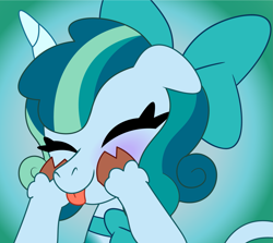 Size: 1457x1302 | Tagged: safe, artist:prixy05, oc, oc only, oc:prixy, pony, unicorn, :p, bow, eyes closed, female, gradient background, hair bow, horn, mare, neck bow, profile, solo, tongue out