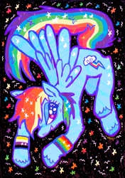 Size: 1748x2480 | Tagged: safe, artist:vemrill, rainbow dash, pegasus, pony, g4, female, gay pride flag, mare, nonbinary pride flag, pride, pride flag, solo, spread wings, unshorn fetlocks, wings, zine:my little fanzine