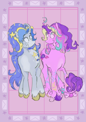 Size: 2039x2893 | Tagged: safe, artist:weebitpsychic, oc, oc only, pony, unicorn, abstract background, candle, curved horn, duo, facial hair, female, goatee, horn, leonine tail, looking at each other, looking at someone, mare, tail, unshorn fetlocks, zine:my little fanzine